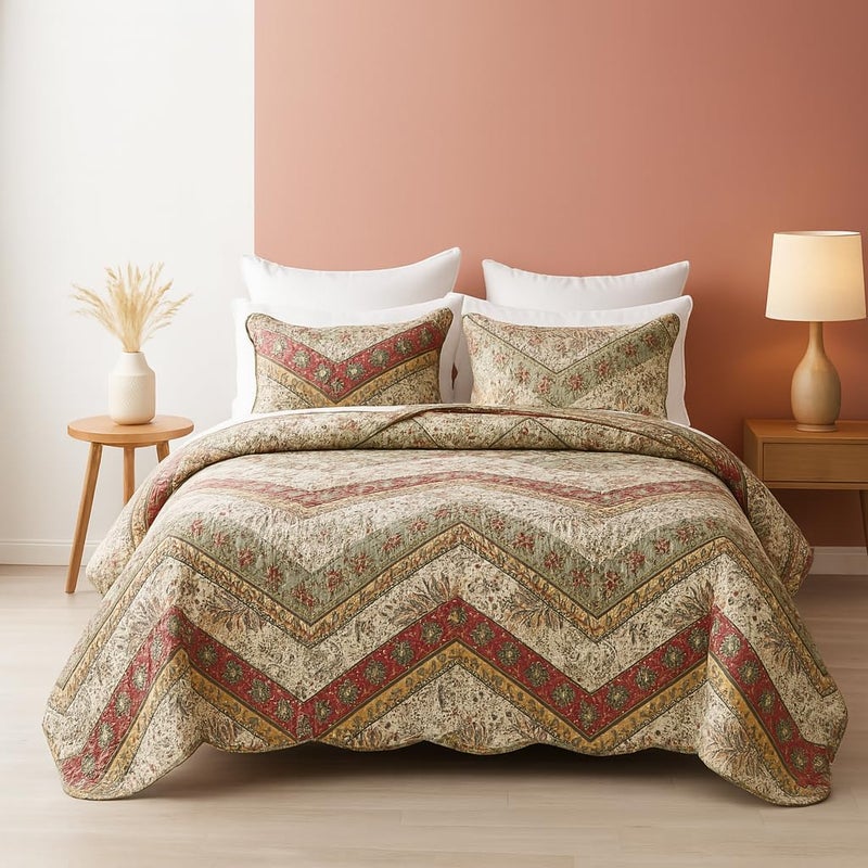 DaDa Bedding Bohemian Quilted Floral Bedspread Set - Rustic Cranberry Red Sage Green Chevron Paisley Filigree Lightweight Coverlet - Scalloped Edges Colorful Orange & Ivory White - King - 3-Pieces - Image 1